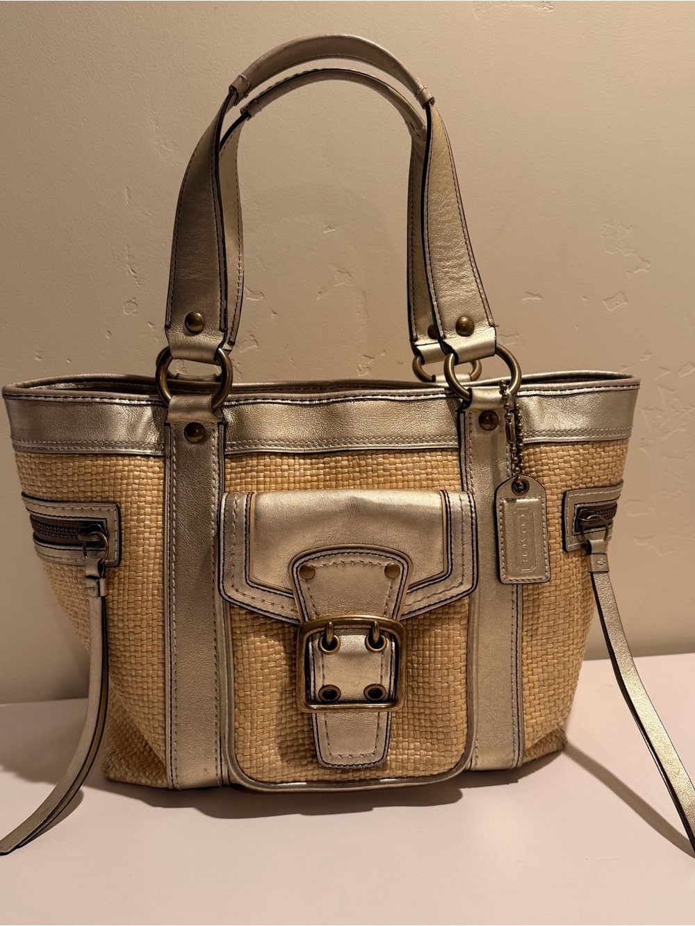 Vintage Coach Legacy Woven Straw & Metallic Leather Satchel Tote Bag 113